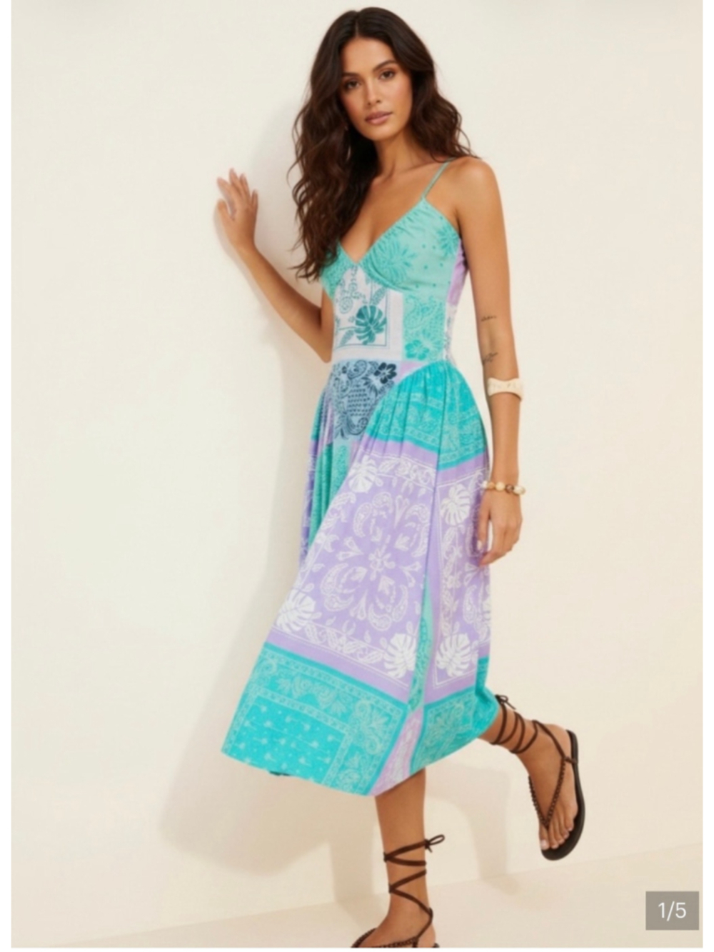 Free People Wish You Would Midi Dress Bandana Patchwork Blue Green L